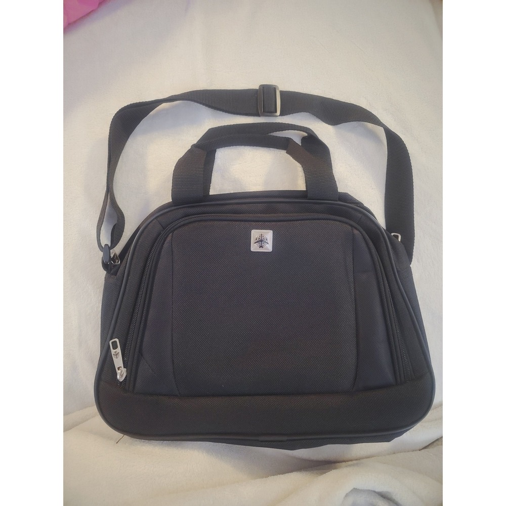 Black Polyester Travel Bag Shoulder Strap Dual Handles Globe Logo Flight Plane